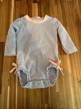 Ruffle Butts Striped Long Sleeve Baby One-Piece in Blue and Pink
